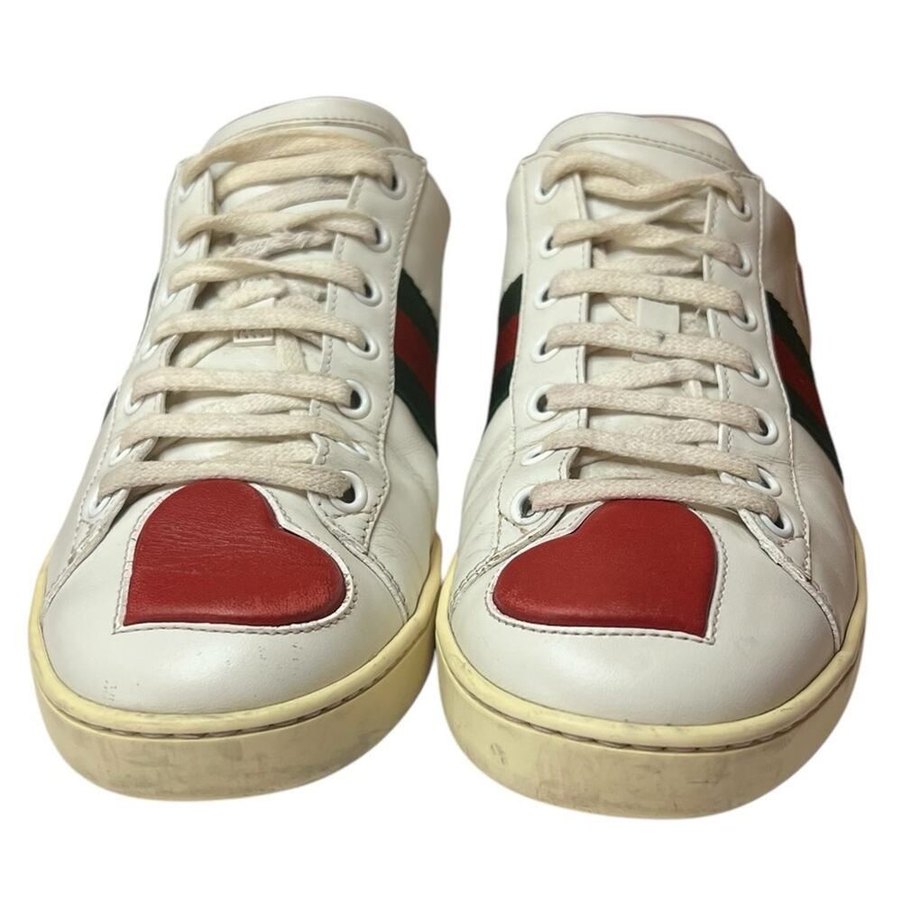 Gucci Ace Hearts Web Stripe Sneakers White Leather Low Top EU 37.5 US 7.5 - Picture 3 of 12